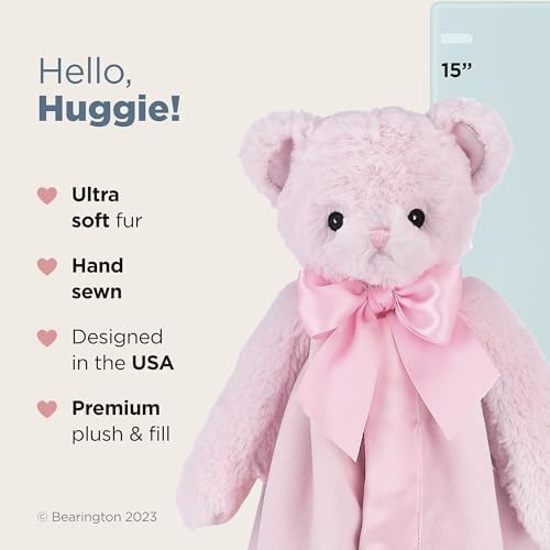 Bearington Baby Huggie Bear Snuggler, 15 Inch Pink Teddy Plush Stuffed Animal Security Blanket Lovey for Babies - Image 2