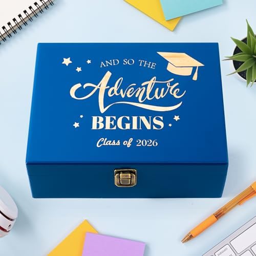 R HORSE Graduation Keepsake Wood Box, Blue Engraving Wooden Memory Box for High School Graduates, Engraved Class of 2026 Graduation Gift for Him Her Party Favor & Memory Storage by RHORSE