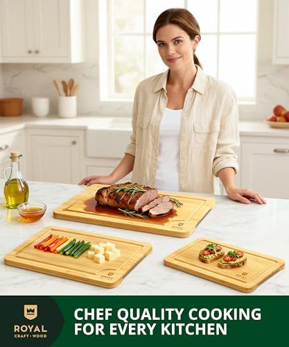 ROYAL CRAFT WOOD Wooden Cutting Boards for Kitchen Meal Prep & Serving - Bamboo Wood Serving Board Set with Deep Juice Groove Side Handles - Charcuterie & Chopping Butcher Block for Meat - Image 5