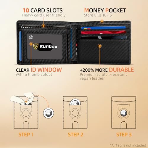 RUNBOX AirTag-Wallet-Mens-Slim-RFID Blocking Wallets Leather with Bill Compartment Air Tag Bifold Card Holder Wallet Gifts for Men Dad - Image 2