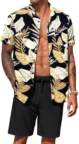COOFANDY Men's Hawaiian 2 Piece Outfits Floral Button Down Shirt and Shorts Vacation Outfits Summer Beach Matching Set by COOFANDY