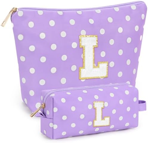 mibasies 2 PCS Initial Makeup Bags for Women: Cosmetic Bag for Travel Toiletry - Birthday Gifts for Teen Girl Gifts Trendy Stuff - Graduation Teacher Gift for Girlfriend -Polka Dot Purple L by mibasies