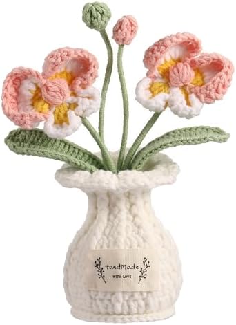Orchid Crochet Flower Pot Blush Pink Handmade Knitted Phalaenopsis Desk Decor for Home Office by YOOJEE