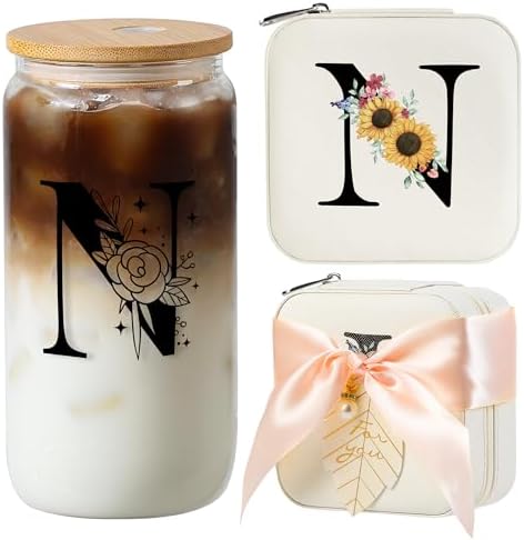 AYGXU Initial Glass Cup,Monogrammed Gifts, Small jewelry travel case,Travel Jewelry Box for Women Teen Girls,Travel Essentials,Cute Tumbler Cup with lid,Travel Jewelry Organizer,Initial white N by AYGXU
