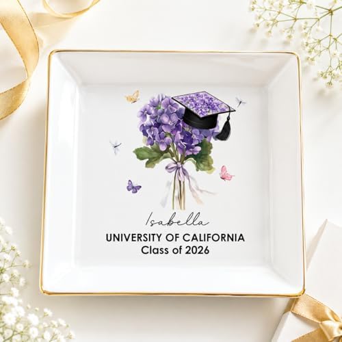 Wrappiness Personalized Graduation Trinket Tray, Custom Flower College High School Ring Dish Grad Gift for Daughter, Class of 2026 Graduation Gift for Her, Birth Month Flower Ceramic Jewelry Dish by Wrappiness