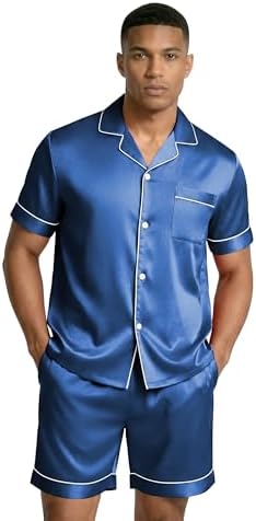 Ekouaer Mens Silk Satin Pajamas Set Short Sleeve Button Up Lounge Pjs Set - Image 2