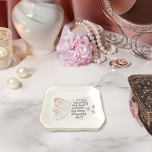 Congratulations Gifts for Women, College Graduation Gifts for Her New Job Gifts - She Believed She Could Jewelry Tray Ceramic Trinket Dish Inspirational Promotion Gift for Coworker (Pink butterfly) - Image 4