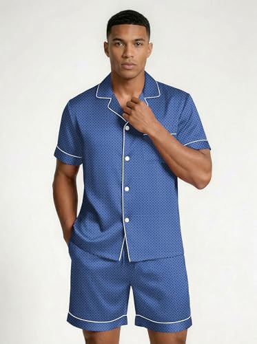 Ekouaer Mens Silk Satin Pajamas Set Short Sleeve Button Up Lounge Pjs Set - Image 3