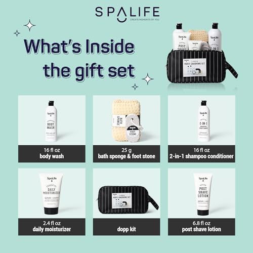 SpaLife 7-Piece Men's Body Care Gift Set | Mens Gift Set with 2-in-1 Shampoo & Conditioner, Body Wash, Moisturizer, Post-Shave Lotion, Sponge & Foot Stone | Gifts for Men | 7-Piece Bundle - Image 3