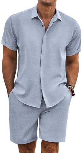 COOFANDY Men's Summer Beach Outfits 2 Piece Short Sleeve Shirts and Shorts Vacation Texture Linen Sets for Men by COOFANDY