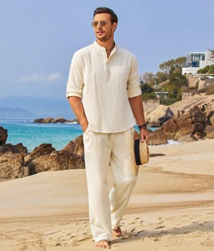 COOFANDY Men’s 2 Piece Cotton Linen Set Casual Beach Outfits Long Sleeve - Image 3
