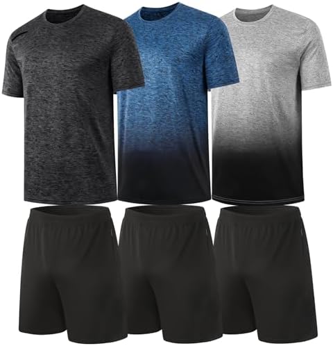 BUYJYA 3 Pack Men's Gym Shorts Shirt Set Workout Athletic Basketball Running Football Elastic Waist with Pocket Gifts by BUYJYA