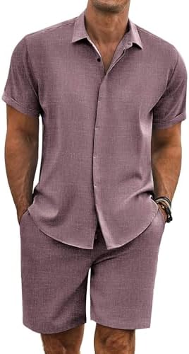 COOFANDY Men's Summer Beach Outfits 2 Piece Short Sleeve Shirts and Shorts Vacation Texture Linen Sets for Men by COOFANDY