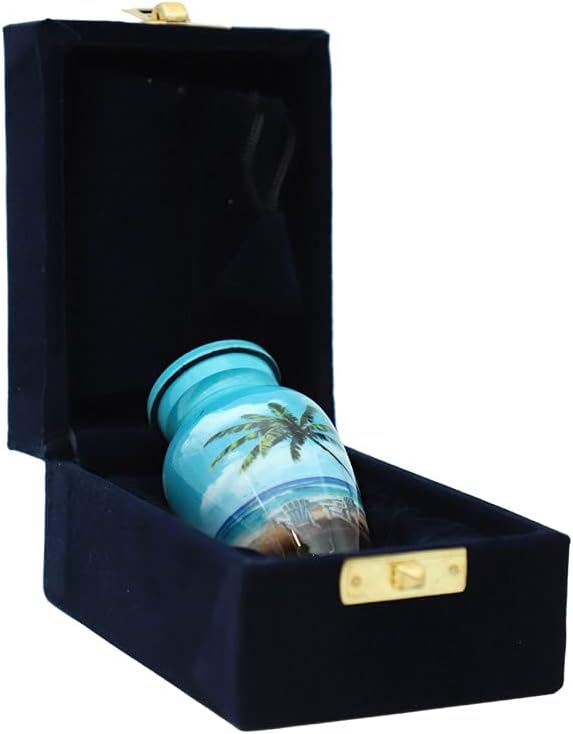 HLC Blue Beach Small Keepsake - Keepsake Urn with 1 Velvet Box Bag-Mini Keepsake Urn - Ashes Urn 3" H x 2.5" W x 2.5" L
