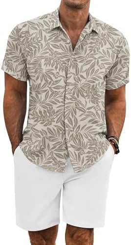 COOFANDY Men's Summer Beach Outfits 2 Piece Short Sleeve Shirts and Shorts Vacation Texture Linen Sets for Men by COOFANDY