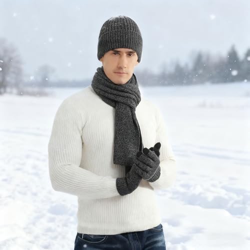 floconssy Men's Winter Hat Scarf Gloves Set of 3, Knit Thermal Combo Gifts - Image 5