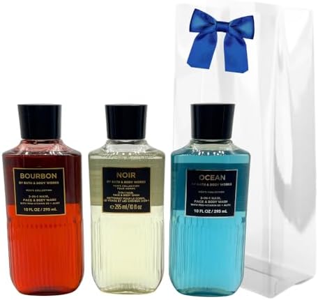 Bath & Body Works BOURBON, NOIR, OCEAN Men's Collection 3-in-1 Hair, Face & Body Wash 3-piece Gift Set with a Blue Bow for Holidays - 10 fl oz each by BathBodyWorks
