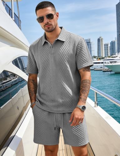 Men's 2 Pieces Outfits Casual Polo Shirt and Shorts Set Collar Athletic Jogging Summer Tracksuit - Image 3