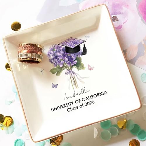 Wrappiness Personalized Graduation Trinket Tray, Custom Flower College High School Ring Dish Grad Gift for Daughter, Class of 2026 Graduation Gift for Her, Birth Month Flower Ceramic Jewelry Dish - Image 5