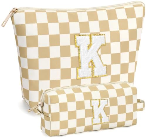 mibasies 2 PCS Initial Makeup Bags for Women: Cosmetic Bag for Travel Toiletry - Birthday Gifts for Teen Girl Gifts Trendy Stuff - Graduation Teacher Gift for Girlfriend -Checkered Brown K by mibasies