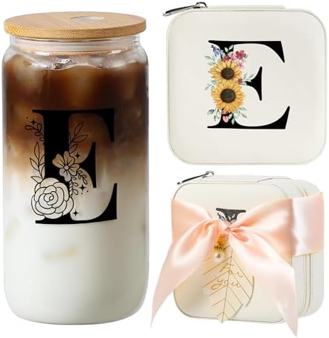 AYGXU Travel Jewelry Cases Organizer,Travel Essentials,Travel Gifts for Women Girls,16oz glass cup with bamboo lid and straw,aesthetic glass cup,Cute Tumbler Cup,Teacher Gifts,Initial E white by AYGXU