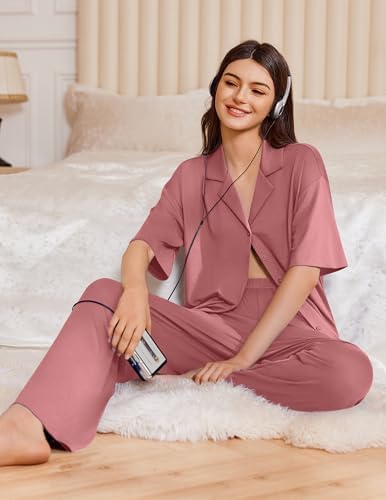 Ekouaer Women Pajamas Set Button Down Sleepwear Short Sleeve Pjs Long Pants - Image 4