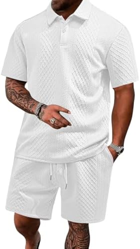 Men's 2 Pieces Outfits Casual Polo Shirt and Shorts Set Collar Athletic Jogging Summer Tracksuit by LINENNMAIN
