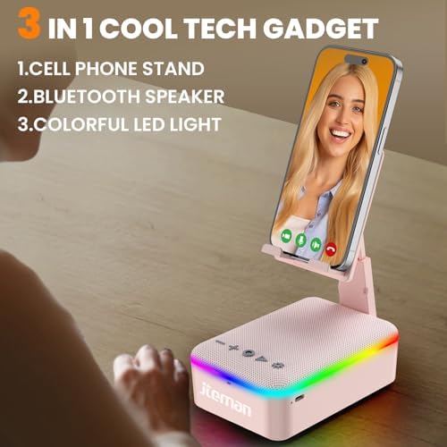 JTEMAN Gifts for Men Women,Cell Phone Stand with Bluetooth Speaker and LED Light,Cool Tech Gadgets,Unique Birthday Gifts for Men Husband Mom Dad-Pink - Image 3