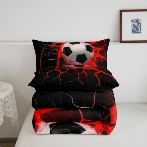 Erosebridal Flame Soccer Comforter Set for Kids Boys Girls Red Lightning Football Bedding 3D Soccer Ball Duvet Set Ball Sports Games Comforter King with 2 Pillowcases - Image 5