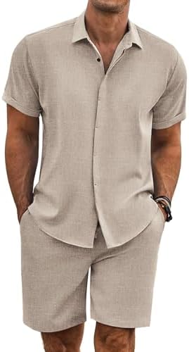 COOFANDY Men's Summer Beach Outfits 2 Piece Short Sleeve Shirts and Shorts Vacation Texture Linen Sets for Men by COOFANDY