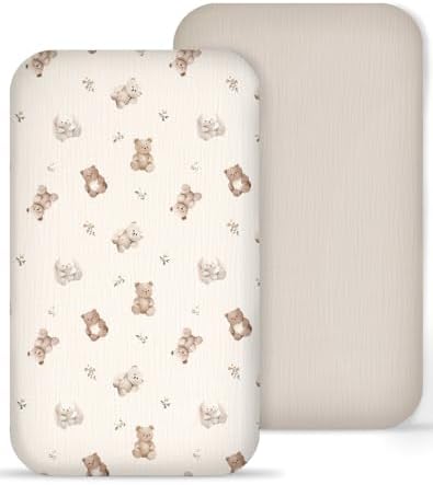 Muslin Bedside Bassinet Sheets 2 Pack, 33" X 20", (Teddy & Friends) by Meowcards
