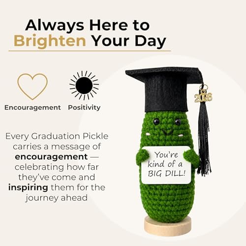 Graduation Gifts 2026 for Her & Him, Funny Handmade Crochet Graduation Pickle with Cap, 2026 Charm & Wooden Stand, Cute Class of 2026 Senior Gift for High School College Grad, Big Dill Congrats Gift - Image 6