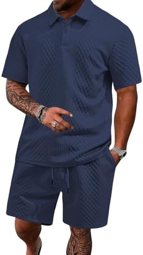 Men's 2 Pieces Outfits Casual Polo Shirt and Shorts Set Collar Athletic Jogging Summer Tracksuit by LINENNMAIN