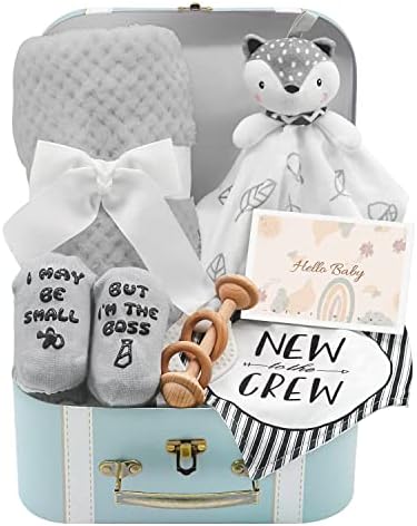 Baby Gift Set, Baby Shower Gifts Basket Newborn Blanket Baby Lovey Security Blanket, Funny Baby Bibs Socks & Greeting Card - Baby Gift Basket Newborn Shower Basket for Boys by FvntueyKidToys