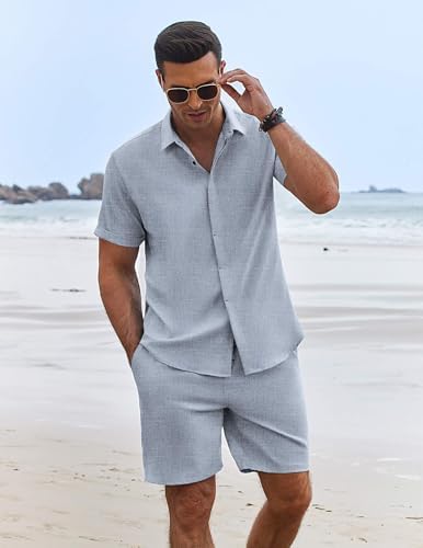 COOFANDY Men's Summer Beach Outfits 2 Piece Short Sleeve Shirts and Shorts Vacation Texture Linen Sets for Men - Image 2