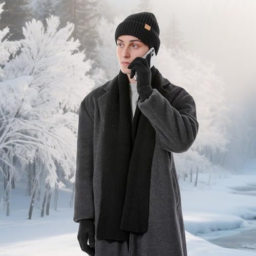 Winter Beanie Hats Long Neck Scarf for Men and Touchscreen Gloves 3PCS Set - Image 6