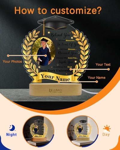 Personalized Graduation Gifts Custom Photo Name Night Light Black and Gold LED Table Lamp for 2026 University High School Senior Keepsake(Wheat) - Image 2