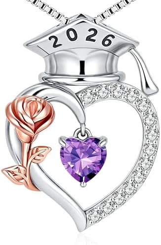 SLOONG College Graduation Gifts for Her, S925 Sterling Silver Heart Birthstone Graduation Cap Rose Necklace, Class of 2026 High School College Graduation Gifts for Her by sloong