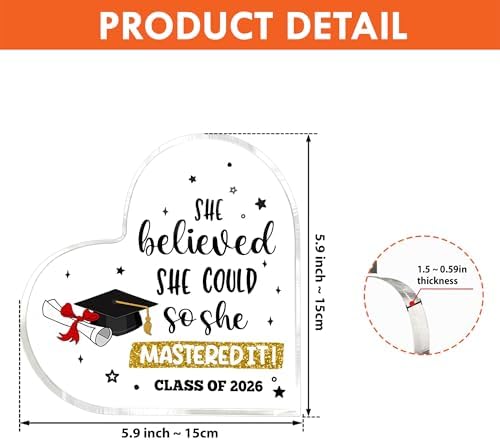 Graduate Gifts Class of 2026 Plaque, College Graduation Gifts for Her Women, Inspirational Graduation Gift, Masters Graduate Grad Keepsake for Masters Degree Heart Acrylic Paperweight, She Mastered It - Image 5