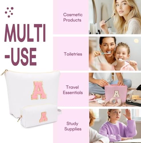 2 PCS Initial Makeup Bags for Women: Cosmetic Bag for Travel Toiletry - Birthday Gifts for 11 12 13 14 15 16 17 18 Years Old Girl Graduation Teacher Gift- Teen Girl Gifts Trendy Stuff - White K - Image 4
