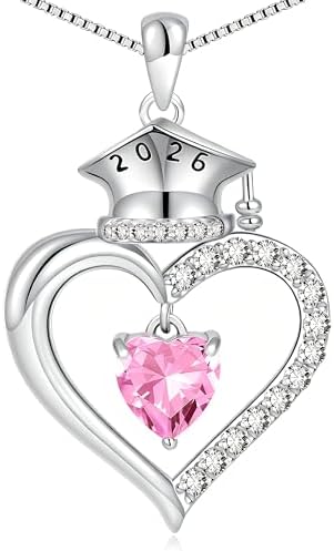 2026 Graduation Gifts for Her - S925 Sterling Silver Heart Graduation Cap Birthstone Necklaces, Class of 2026 High School College Graduation Gifts for Her by BLThing
