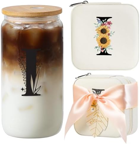 AYGXU Small Travel Jewelry Case, Portable Jewelry Box, Organizer Storage Holder Boxes, Iced Coffee Cute Tumbler Cup, Bamboo Lids for Glass Cups, Teacher Gifts for Women, Initial I White by AYGXU