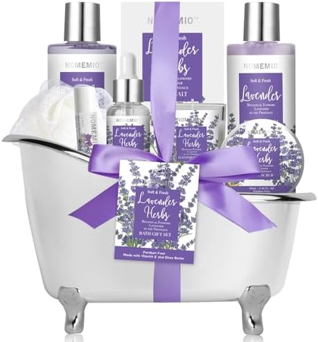 Mother's Day Gift, Spa Gift Basket for Women, 8pcs Lavender Spa Kit Set with Body Wash, Bubble Bath, Scrub, Bath & Beauty Skin Care Gift Sets, Christmas Gifts Set for Women, Her, Mom by NOMEMIO
