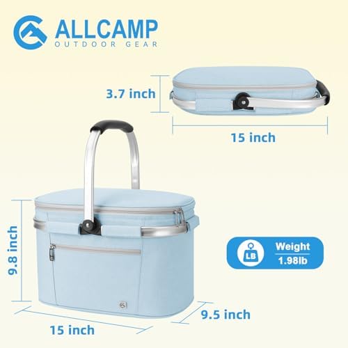 ALLCAMP Picnic Basket, 22L Insulated Cooler Foldable, Thick, Light Blue - Image 2