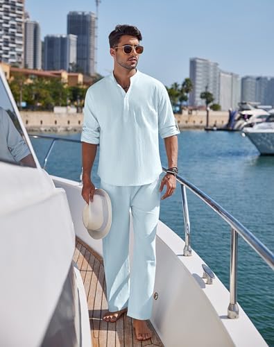 COOFANDY Men’s 2 Piece Cotton Linen Set Casual Beach Outfits Long Sleeve - Image 2