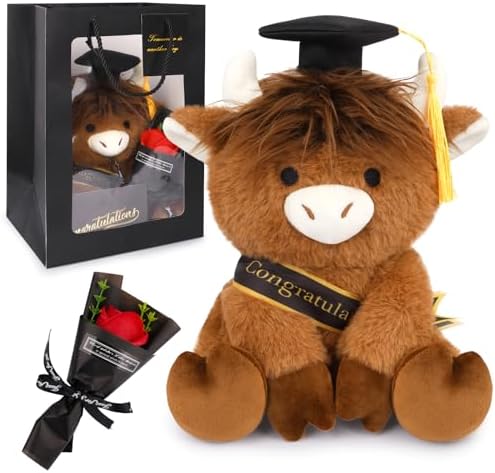 2026 Graduation Plush -8inch Highland Cow with Gift Box Stuffed Animal by JIZWPOOM