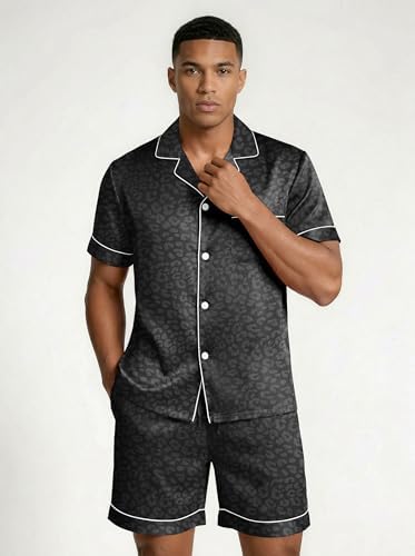 Ekouaer Mens Silk Satin Pajamas Set Short Sleeve Button Up Lounge Pjs Set - Image 3