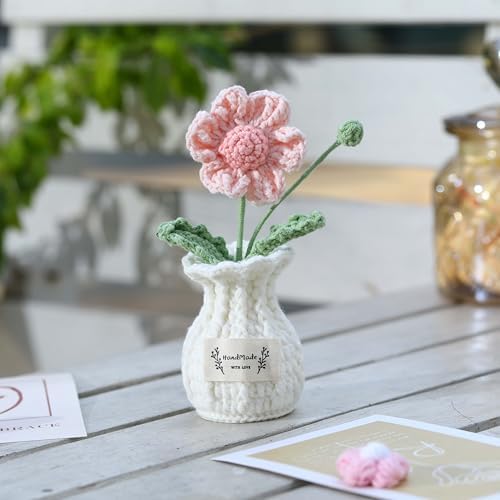 Daisy Crochet Flower Potted Plant – Pink, Handmade Knitted Desk Decor - Image 2
