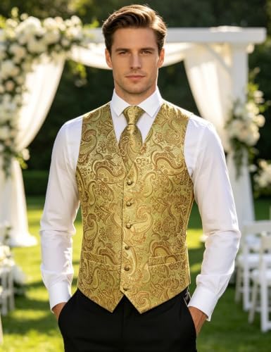 DiBanGu Mens Vest and Tie Set Formal Paisley Waistcoat and Necktie Pocket Square Cufflinks Silk Suit Vest for Tuxedo Wedding - Image 2