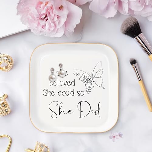Congratulations Gifts for Women, College Graduation Gifts for Her New Job Gifts - She Believed She Could Jewelry Tray Ceramic Trinket Dish Inspirational Promotion Gift for Coworker - Image 3
